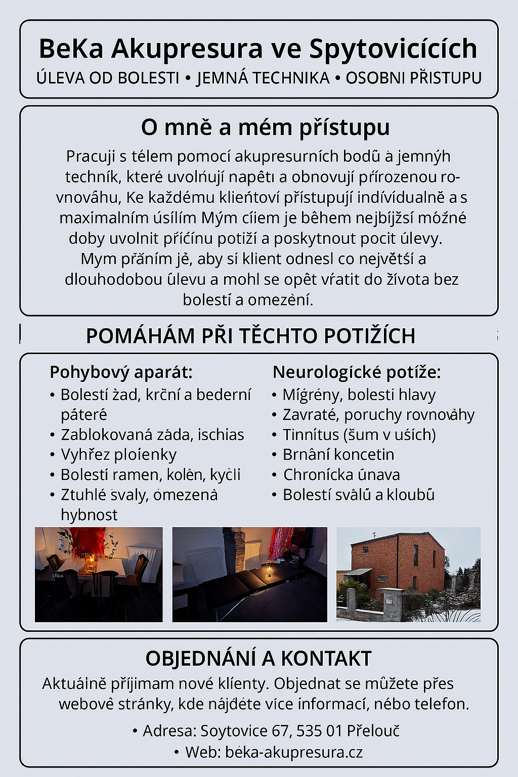 Leták BeKa Akupresura – Úleva od bolesti, jemná technika, kontakt a nabídka služeb